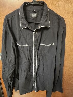 STRAIGHT TO HELL Black Button-Down Shirt with White Piping